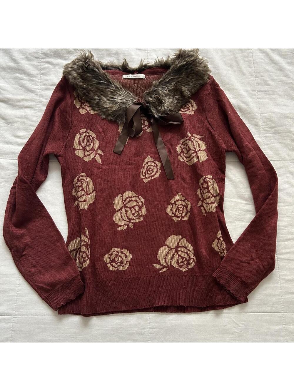 Axes Femme Burgundy Rose Knit Sweater Removable Faux Fur Collar M Japan